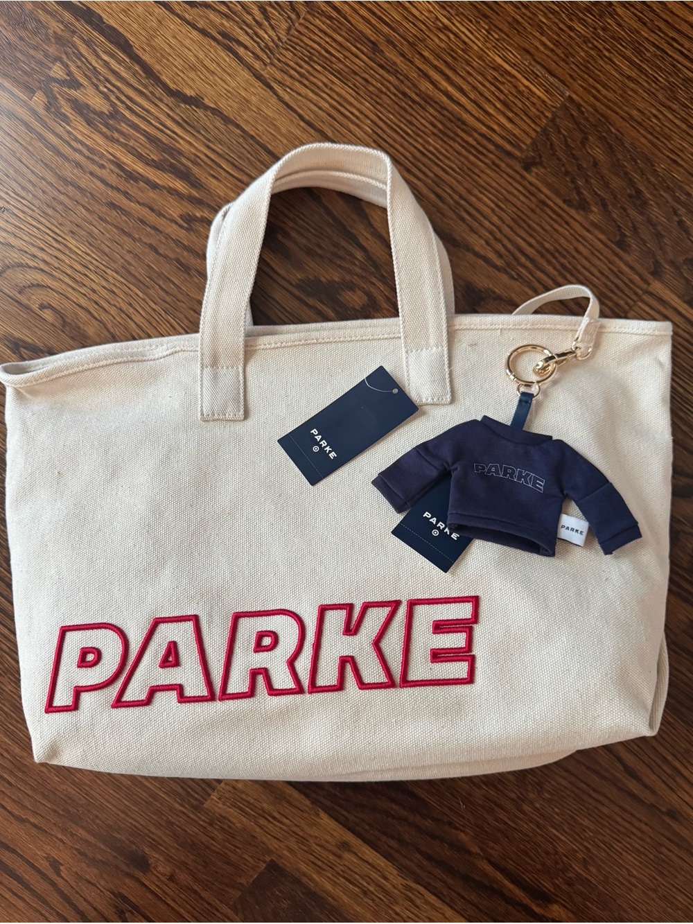 PARKE Cream Canvas Tote Bag with Navy Shirt Keychain- Large Tote